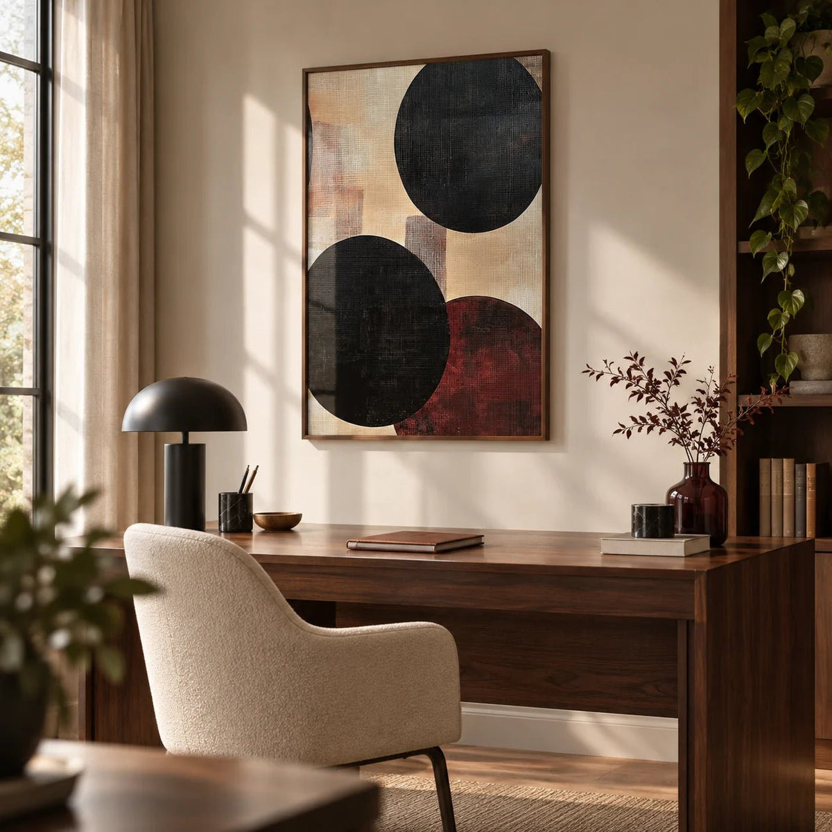 Abstract Neutral Art, framed on the wall of a refined home office