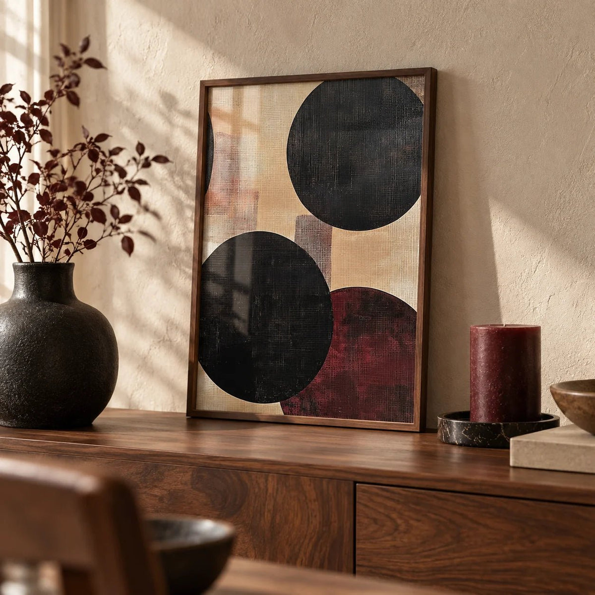 Abstract Neutral Art, a small A4 framed print leaning on a walnut sideboard in a living room