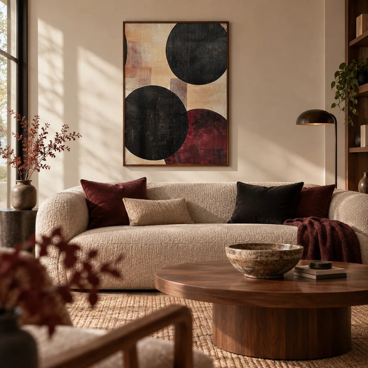 Abstract Neutral Art, framed on the wall of a warm contemporary living room