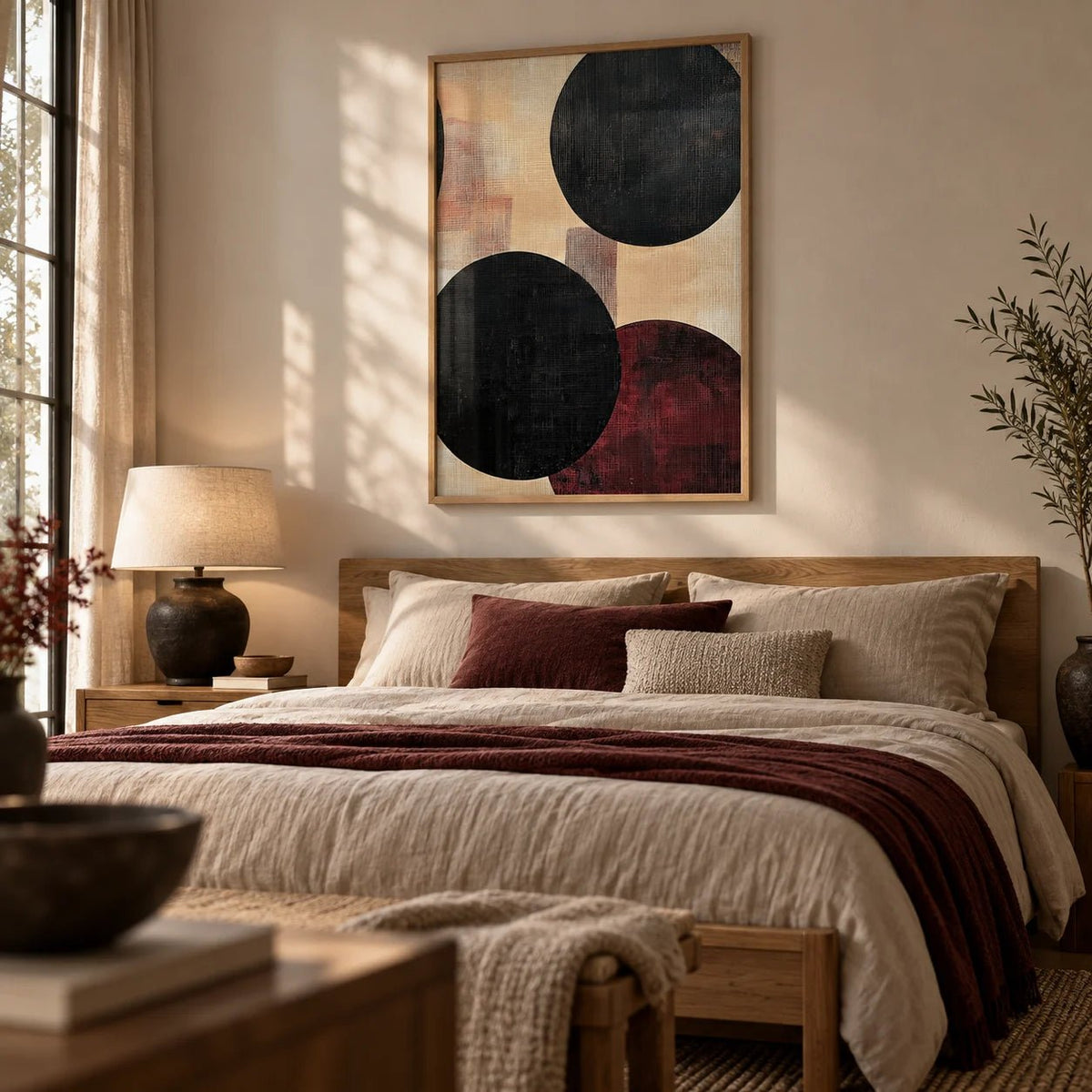 Abstract Neutral Art, framed on the wall of a warm earthy bedroom