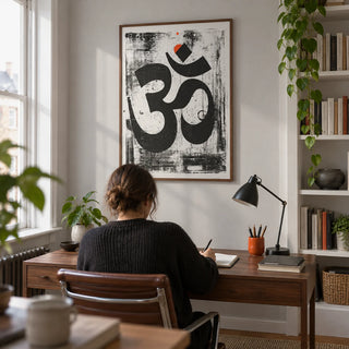 Abstract Om Art Print, framed on the wall of a compact home study in a UK flat with a pale grey wall and a white built-in bookcase