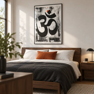 Abstract Om Art Print, framed on the wall of a contemporary adult bedroom with a soft white wall and simple walnut furniture