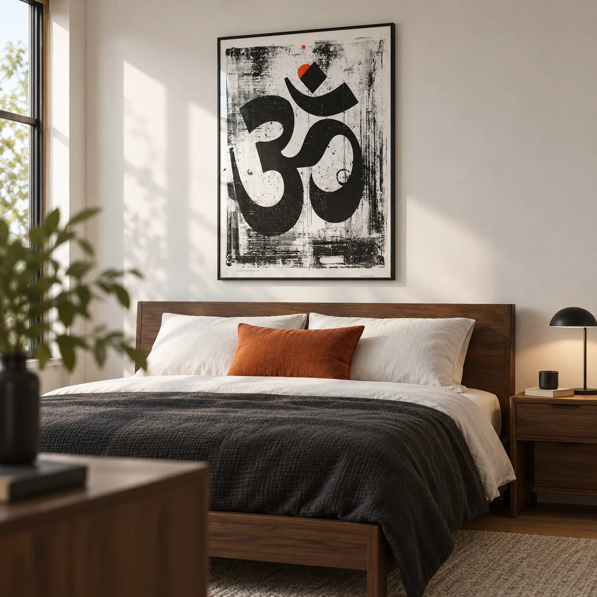 Abstract Om Art Print, framed on the wall of a contemporary adult bedroom with a soft white wall and simple walnut furniture