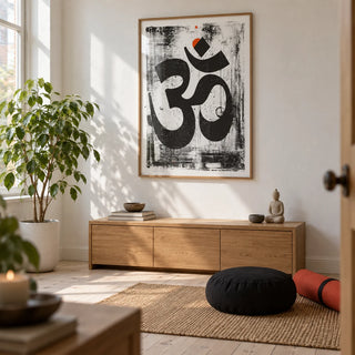 Abstract Om Art Print, framed on the wall of a dedicated meditation room in a renovated UK terrace with white plaster walls and pale timber floorboards