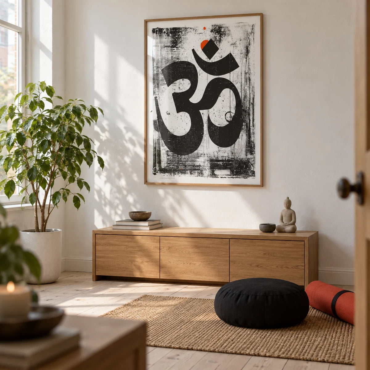 Abstract Om Art Print, framed on the wall of a dedicated meditation room in a renovated UK terrace with white plaster walls and pale timber floorboards