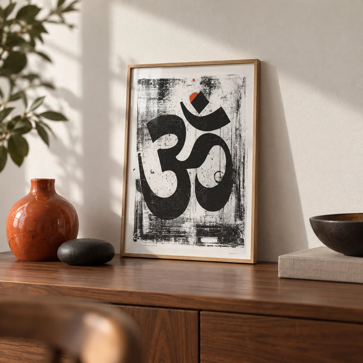 Abstract Om Art Print, a small A4 framed print leaning on a walnut sideboard in a living room