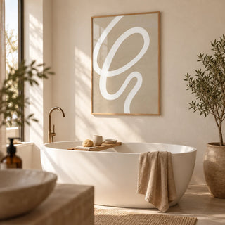 Abstract Painting Minimalist, framed on the wall of a calm spa bathroom with a warm white plaster wall