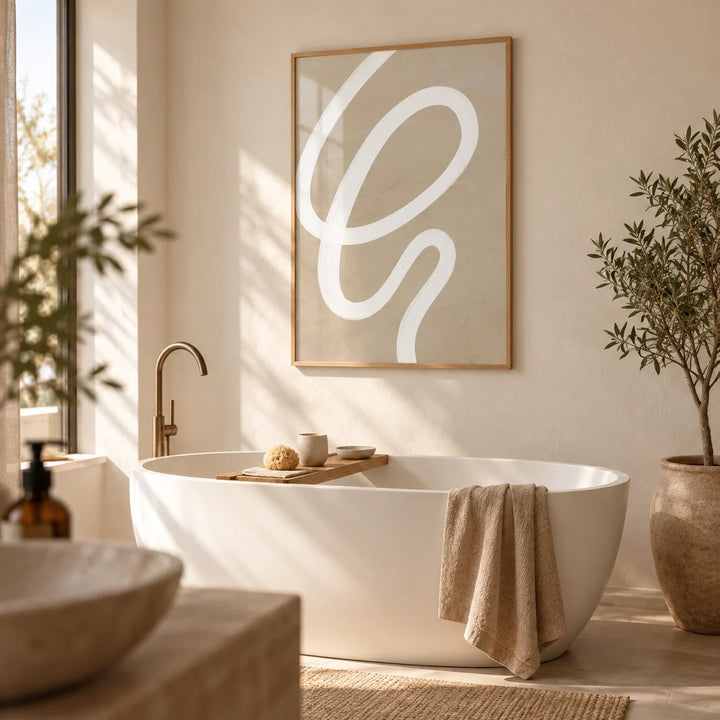 Abstract Painting Minimalist, framed on the wall of a calm spa bathroom with a warm white plaster wall