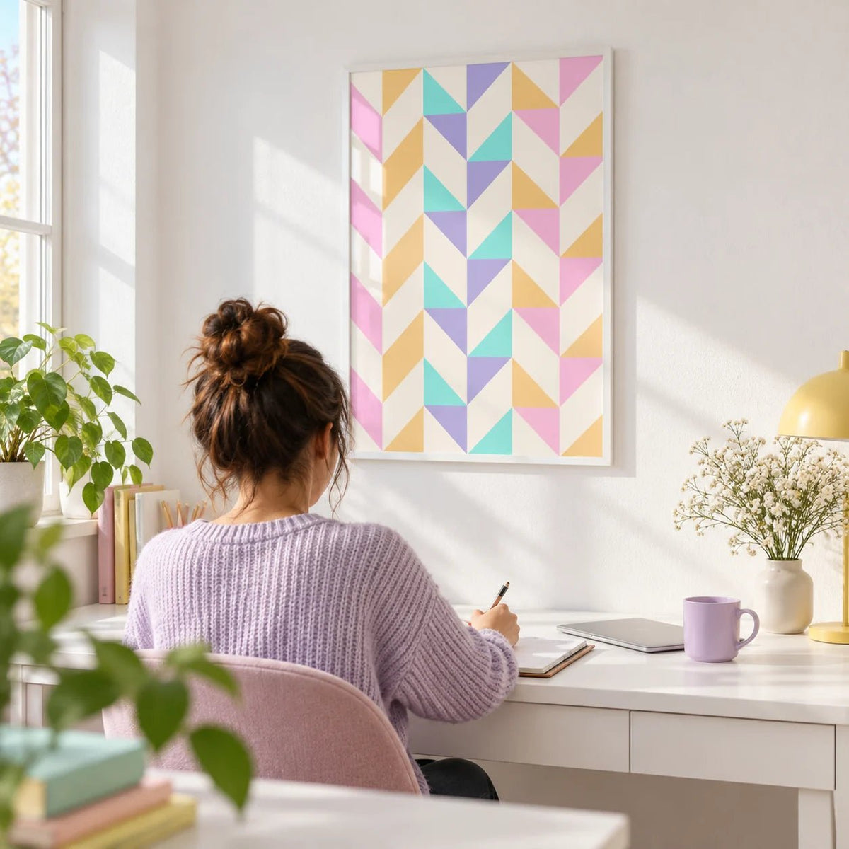 Abstract Pastel Print, framed on the wall of a bright creative home office with a white wall