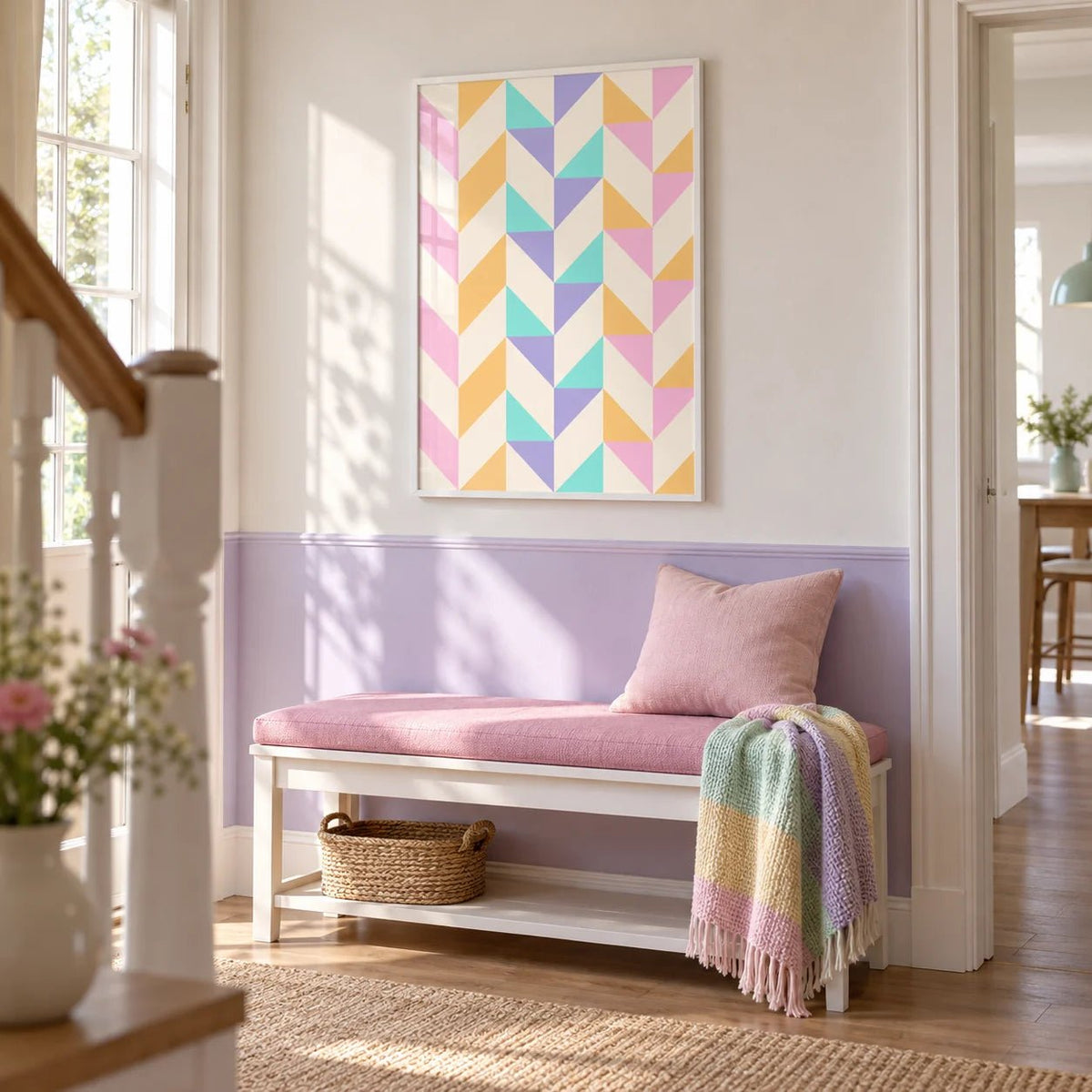 Abstract Pastel Print, framed on the wall of a bright hallway with a lilac painted lower wall