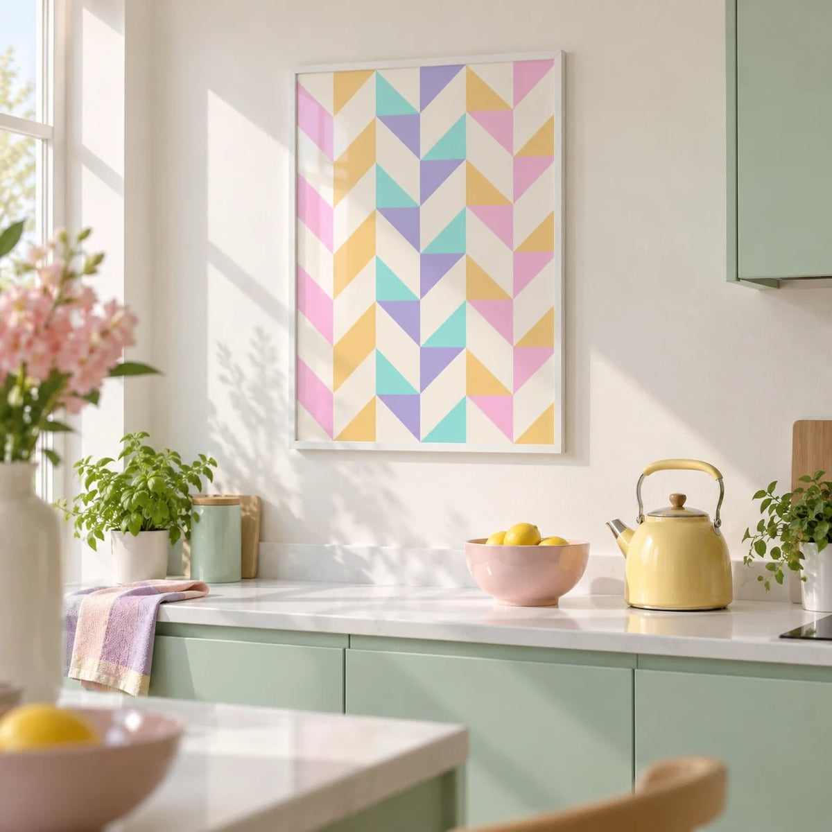 Abstract Pastel Print, framed on the wall of a bright kitchen with plain mint cabinets and a white wall