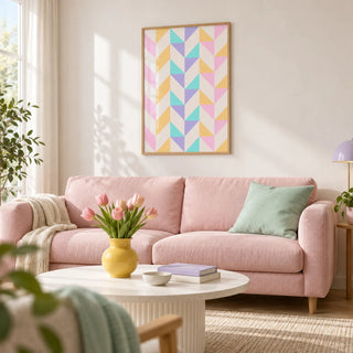 Abstract Pastel Print, framed on the wall of a light living room with a plain warm white wall