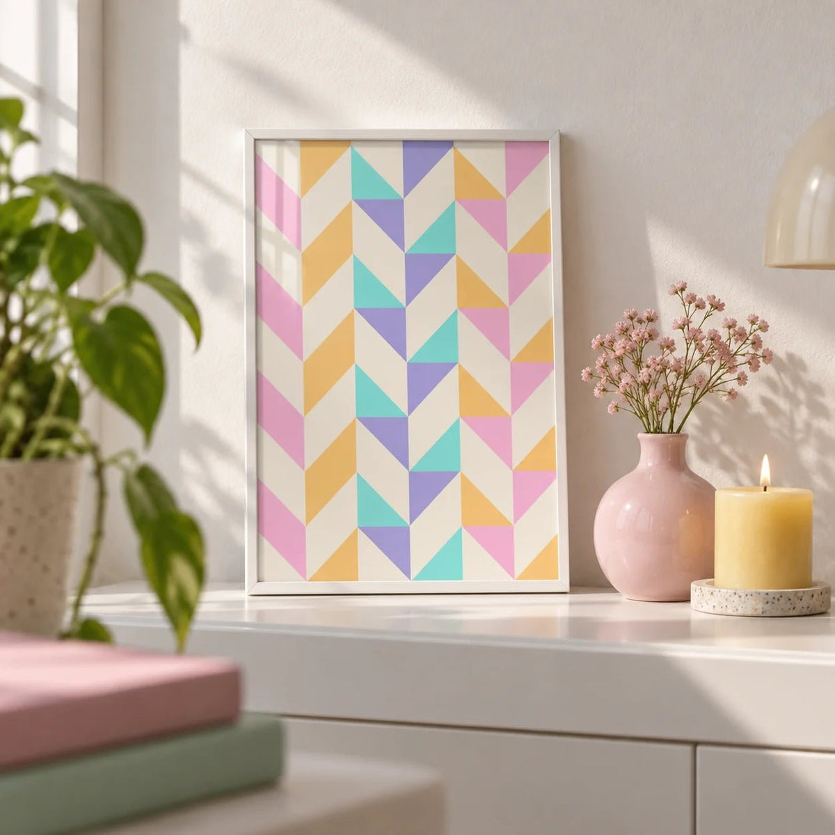 Abstract Pastel Print, a small A4 framed print leaning on a white shelf in a living room