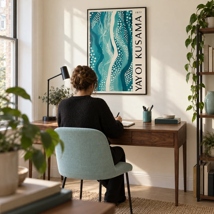 Abstract Picture, framed on the wall of a compact design-led home study in a UK flat with a cream wall and pale oak floor
