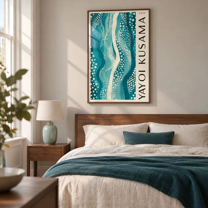 Abstract Picture, framed on the wall of a crisp modern bedroom in a UK townhouse with a pale warm grey wall