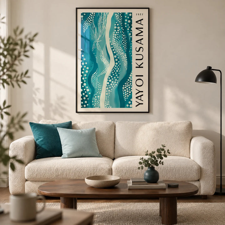 Abstract Picture, framed on the wall of a modern living room in a UK city flat with a warm white wall