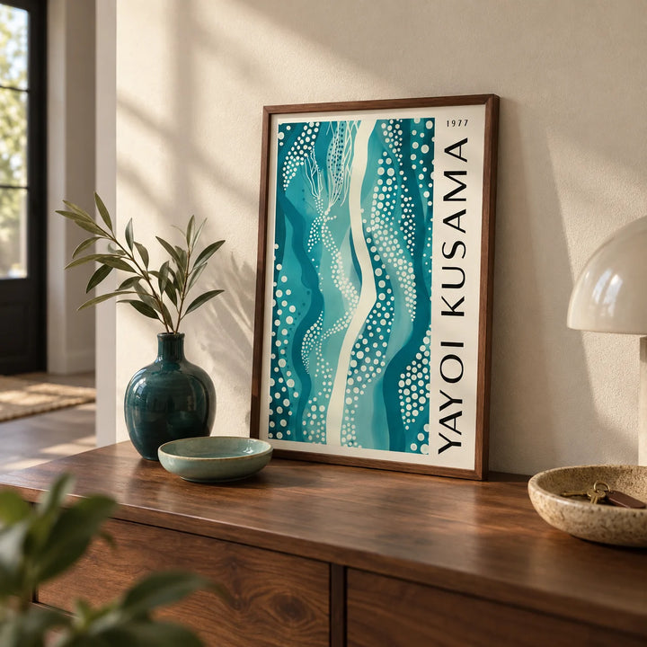 Abstract Picture, a small A4 framed print leaning on a walnut hallway side table