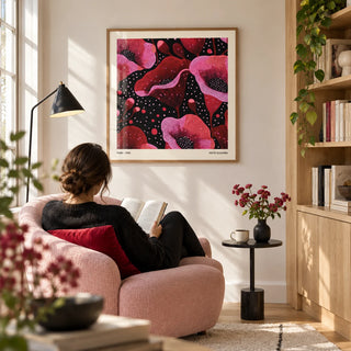 Abstract Pink Art, framed on the wall of a bright reading corner in a design-led UK flat with an off-white wall and a built-in oak bookcase on the adjacent wall in a living room