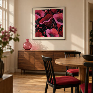 Abstract Pink Art, framed on the wall of a compact modern dining room in a UK townhouse with a warm cream wall and plain oak floorboards