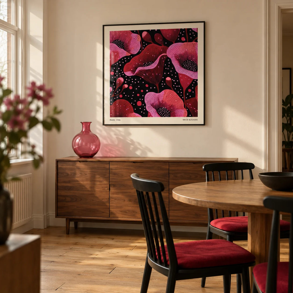 Abstract Pink Art, framed on the wall of a compact modern dining room in a UK townhouse with a warm cream wall and plain oak floorboards