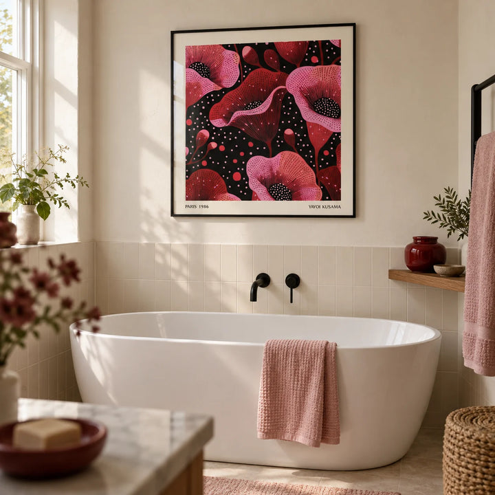 Abstract Pink Art, framed on the wall of a contemporary bathroom in a renovated UK terrace with warm white plaster above plain cream tiles