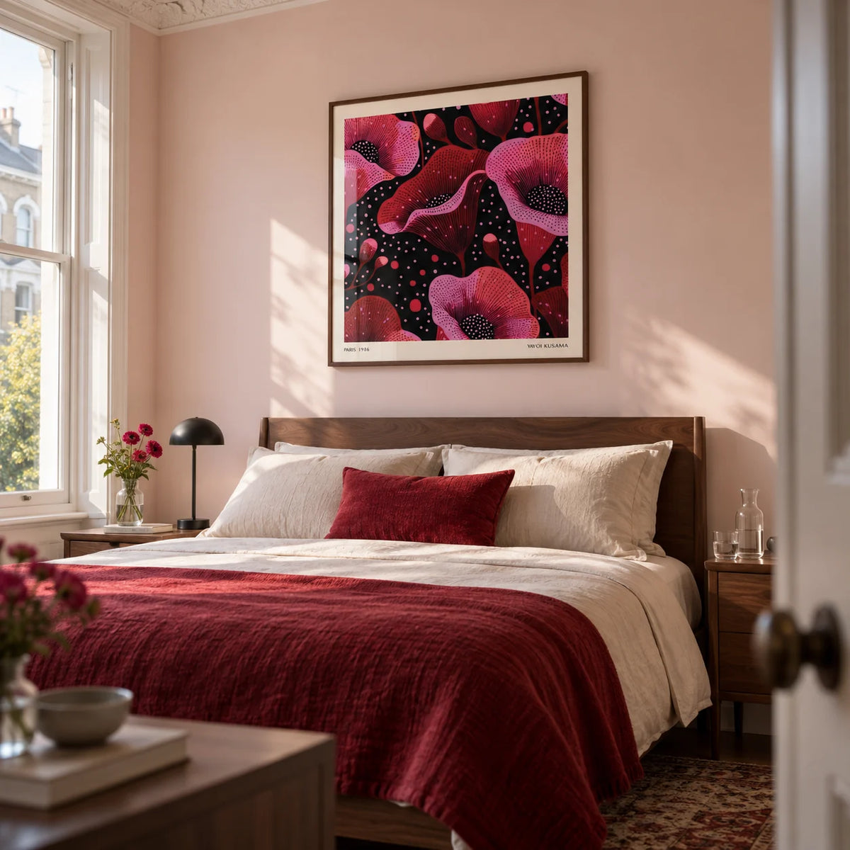 Abstract Pink Art, framed on the wall of a contemporary bedroom in a Victorian terrace with a pale blush wall and clean walnut furniture