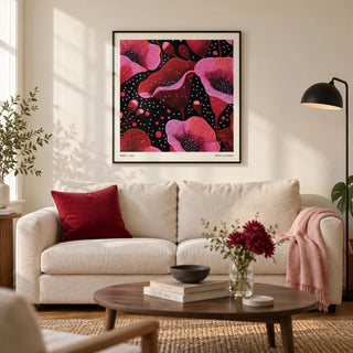 Abstract Pink Art, framed on the wall of a modern living room in a UK city flat with warm white walls