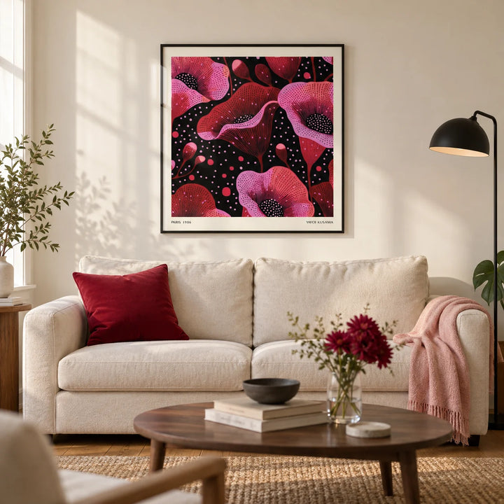 Abstract Pink Art, framed on the wall of a modern living room in a UK city flat with warm white walls