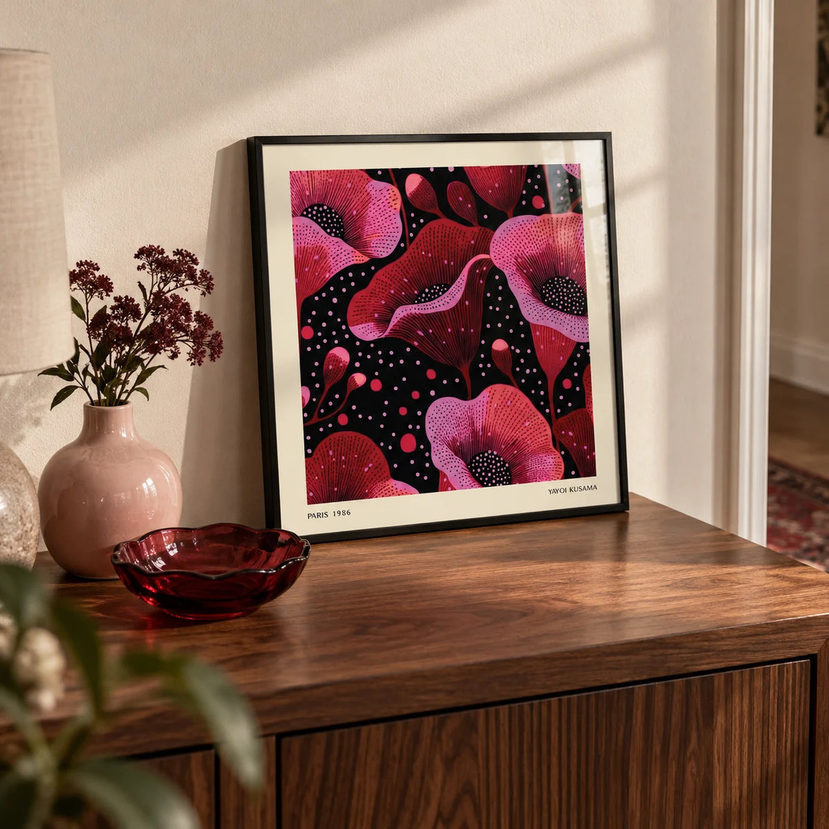 Abstract Pink Art, a small A4 framed print leaning on a walnut hallway side table