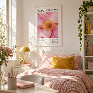 Abstract Pink Wall Art, framed on the wall of a bright teen girl's bedroom (13-17) with a white wall