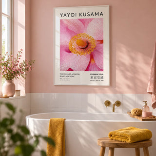 Abstract Pink Wall Art, framed on the wall of a calm bathroom with a soft blush pink painted wall and plain white tiles