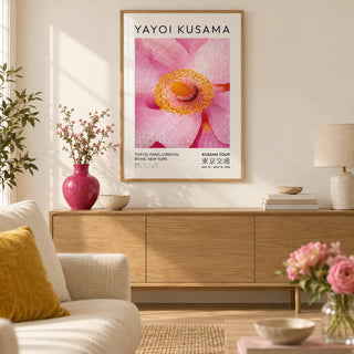Abstract Pink Wall Art, framed on the wall of a calm modern living room with a warm white wall and a pale oak floor