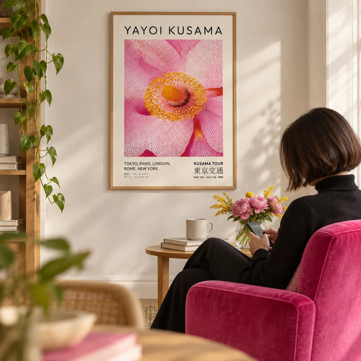 Abstract Pink Wall Art, framed on the wall of a quiet reading corner with a soft white wall in a living room