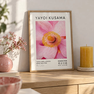 Abstract Pink Wall Art, a small A4 framed print leaning on a pale oak shelf in a living room