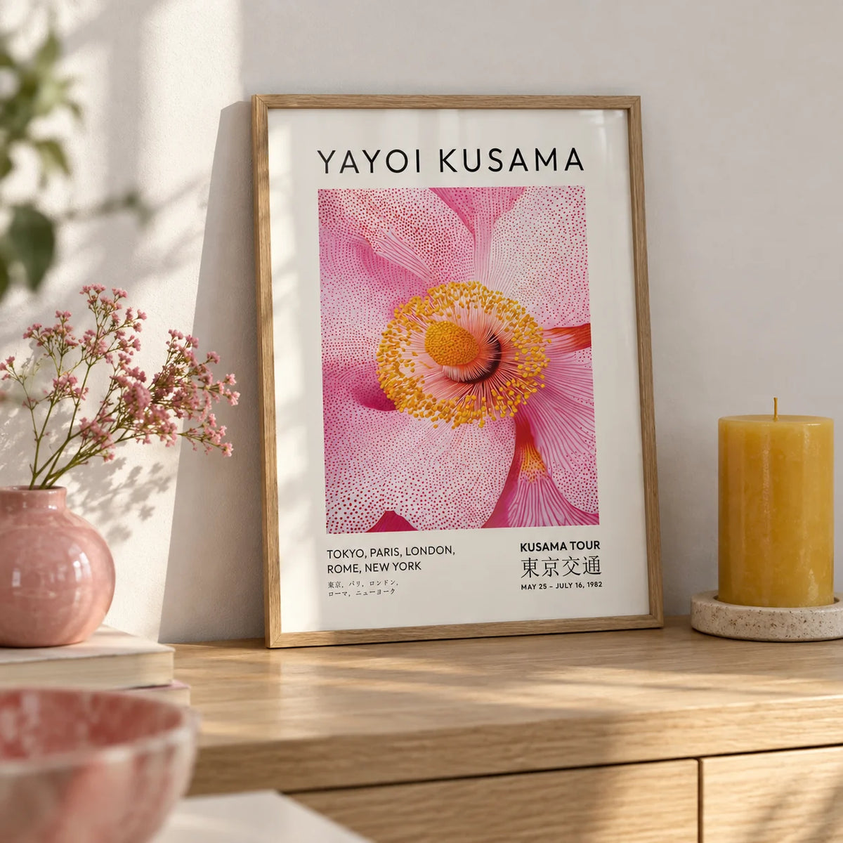 Abstract Pink Wall Art, a small A4 framed print leaning on a pale oak shelf in a living room