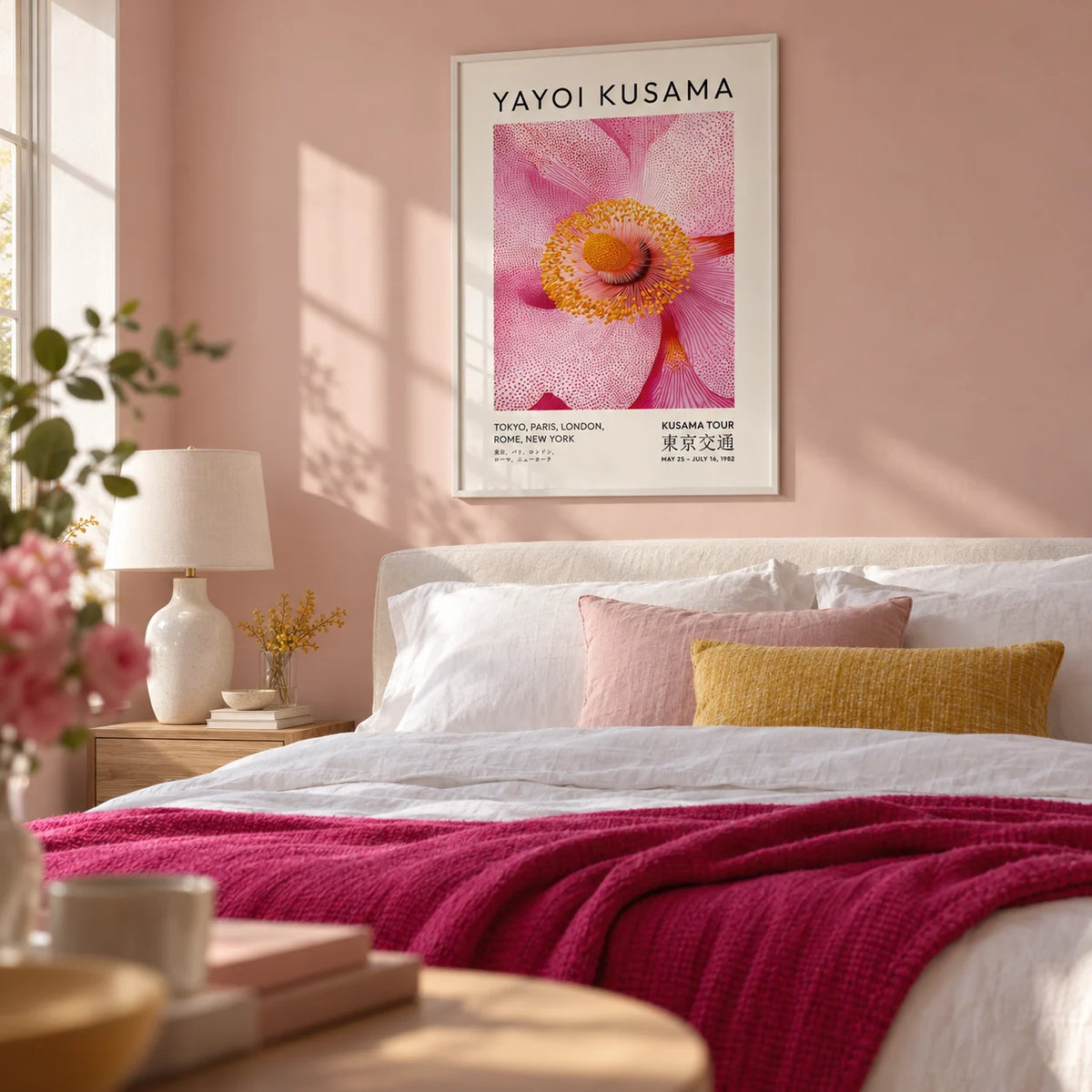 Abstract Pink Wall Art, framed on the wall of a soft bedroom with a blush pink painted wall