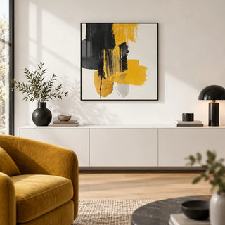 Abstract Poster Art, framed on the wall of a modern living room with a white wall and a pale oak floor