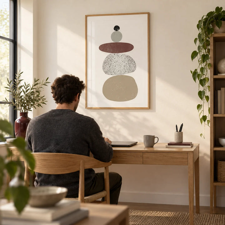 Abstract Rock Art Print, framed on the wall of a calm home office with a warm white wall