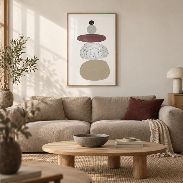 Abstract Rock Art Print, framed on the wall of a calm Japandi living room with a warm white wall