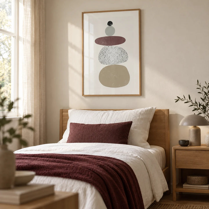 Abstract Rock Art Print, framed on the wall of a calm single guest bedroom with a warm white wall