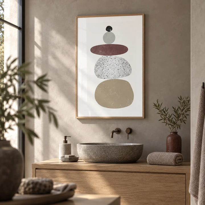 Abstract Rock Art Print, framed on the wall of a calm spa bathroom with a warm grey microcement wall