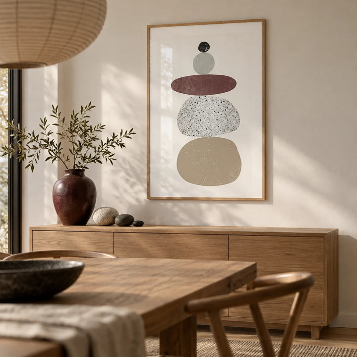 Abstract Rock Art Print, framed on the wall of a Japandi dining room with a warm white wall