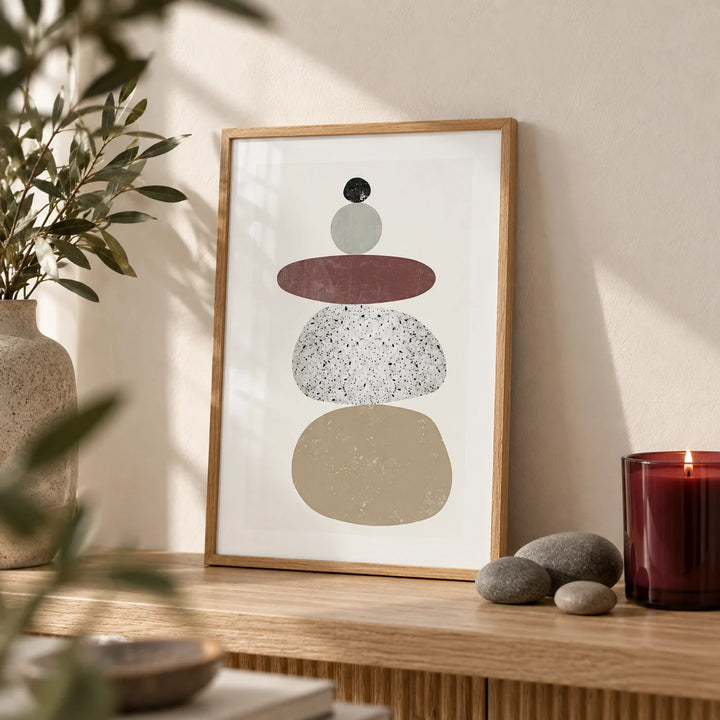 Abstract Rock Art Print, a small A4 framed print leaning on a pale oak shelf in a living room