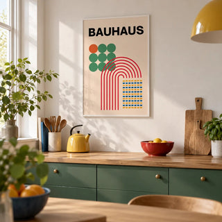 Abstract Shapes Print, framed on the wall of a bright kitchen with plain green cabinets and a white wall