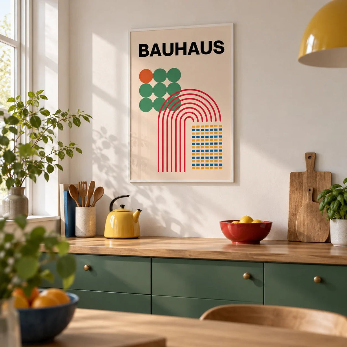 Abstract Shapes Print, framed on the wall of a bright kitchen with plain green cabinets and a white wall