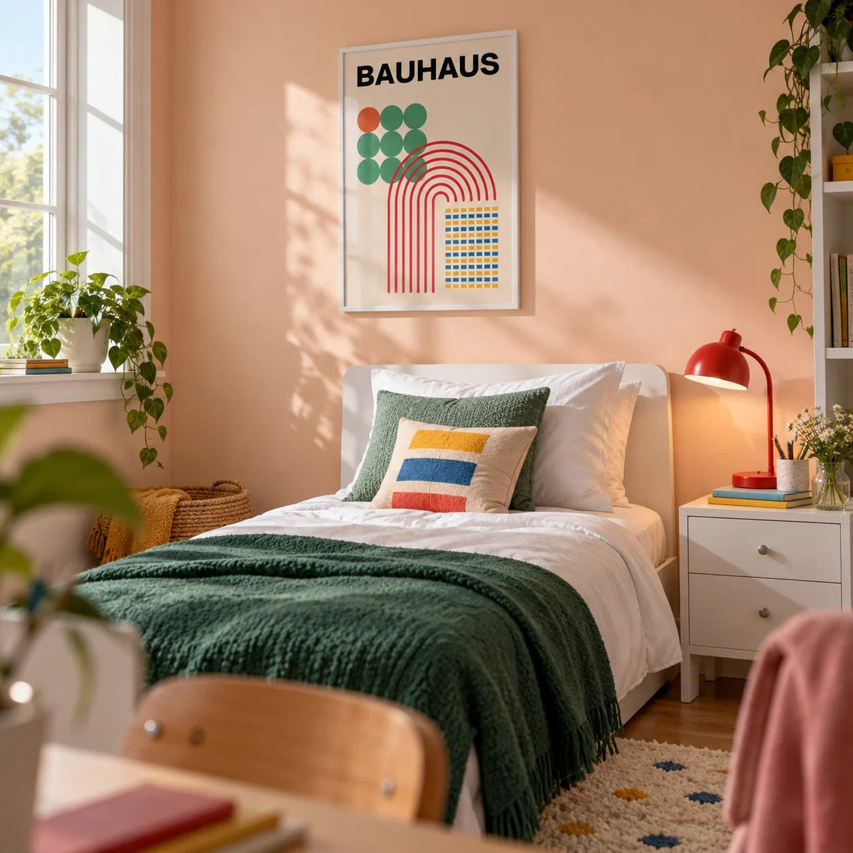 Abstract Shapes Print, framed on the wall of a bright single bedroom for a teenage girl (13-17) with a peach wall