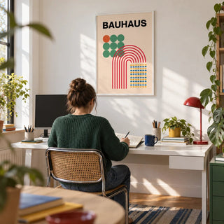 Abstract Shapes Print, framed on the wall of a creative home office with a white wall