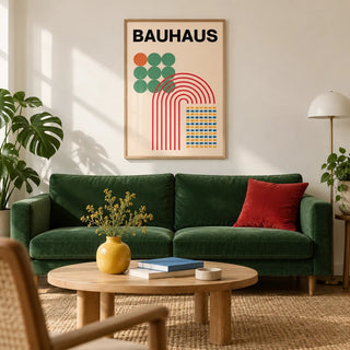 Abstract Shapes Print, framed on the wall of a design-led living room with a warm white wall
