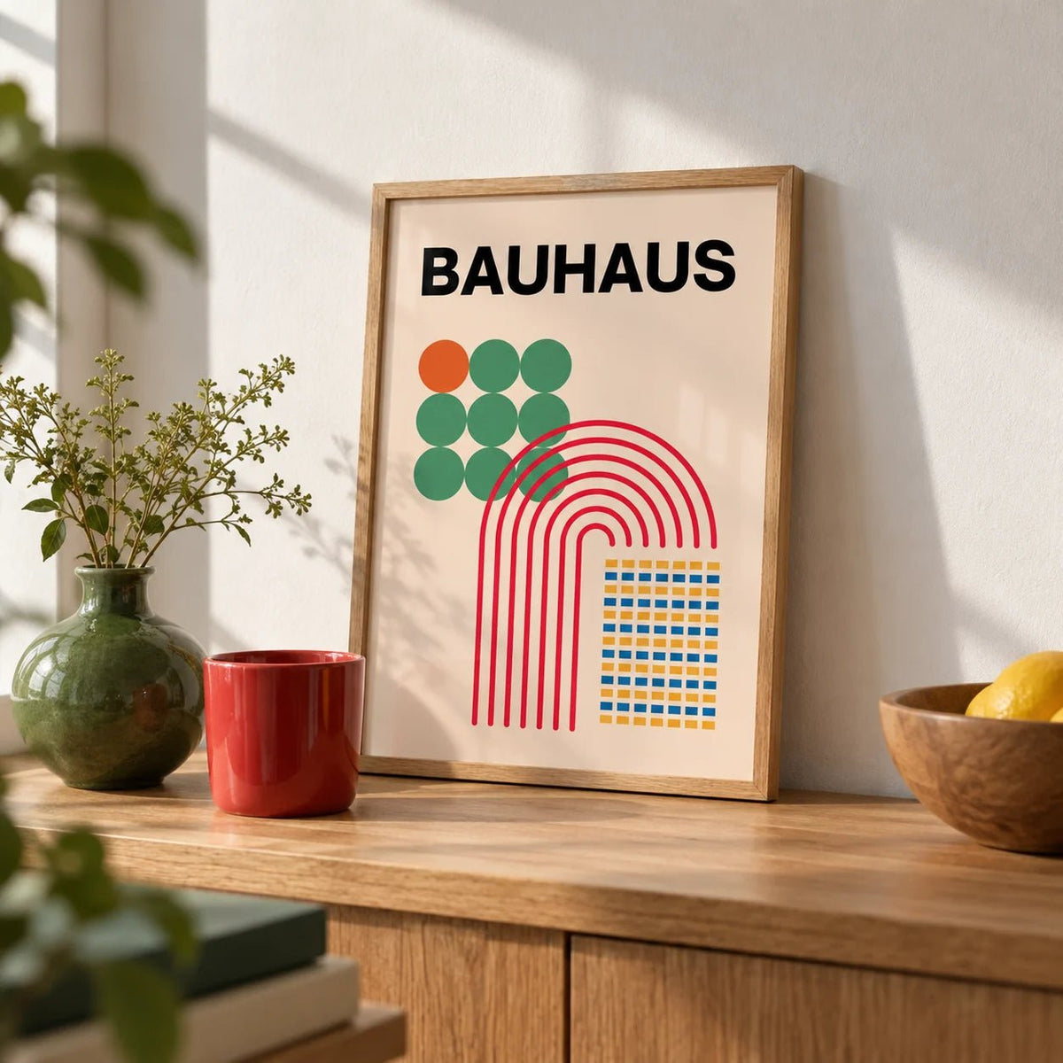 Abstract Shapes Print, a small A4 framed print leaning on an oak shelf in a living room