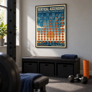 Abstract Sports Wall Art, framed on the wall of a compact home gym in a converted UK spare room with a pale grey wall and plain charcoal rubber floor